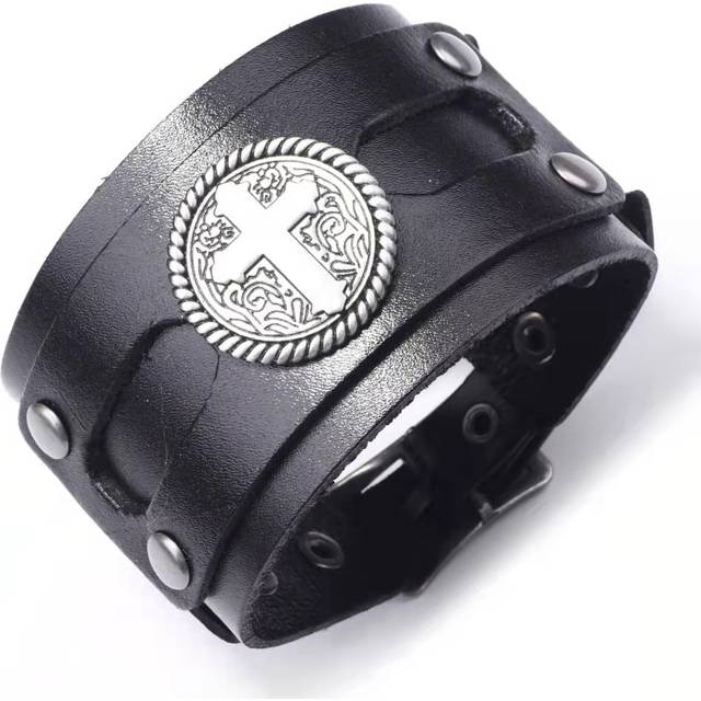 Kors Vid Läder Armband - Medeltid Stil Manschett Vristband - Metallbälte Spänne Armband För män Modepunk Smycke Presenter För män Mest Populär - Svart (En-Storlek)