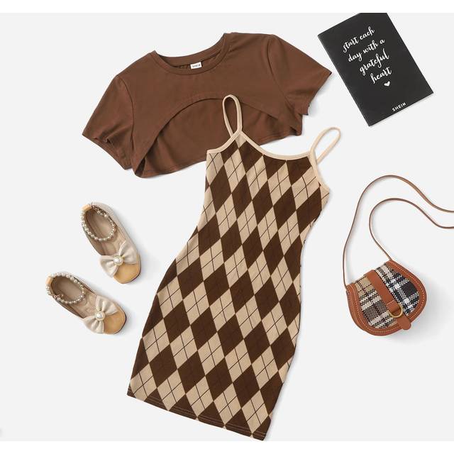 SHEIN Tween Girl Argyle Print Slip Dress With Super Crop Top
