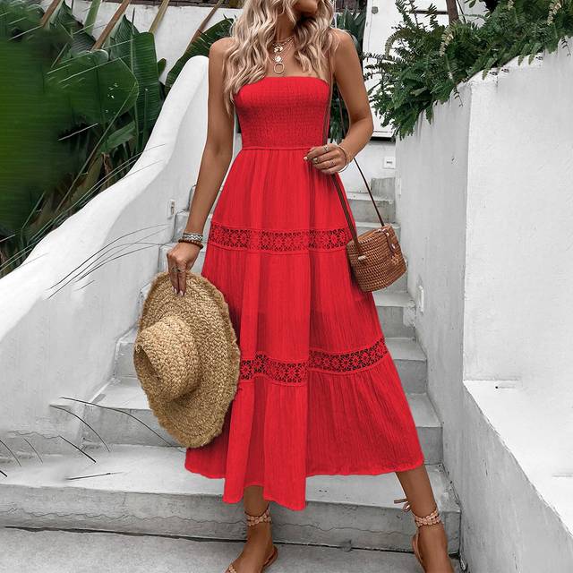 Breezaya Guipure Lace Insert Ruffle Hem Tube Dress For New Year Clothes Vacation Beach Outfits Women