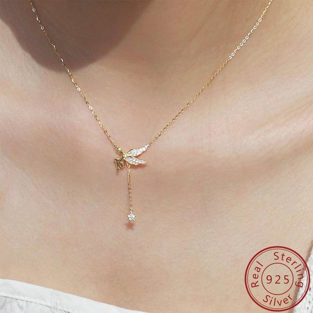 SHEIN 1pc S925 Sterling Silver Necklace - Unique Design, Light Luxury Gold Color Angel Pendant With Tassel & Star, Elegant And Simple Clavicle Chain. Ideal