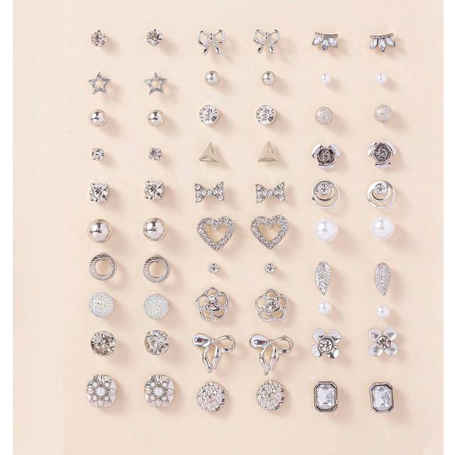 SHEIN 30pairs/Set Fashion Zinc Alloy Rhinestone Heart & Faux Pearl Stud Earrings For Women For Ear Decoration