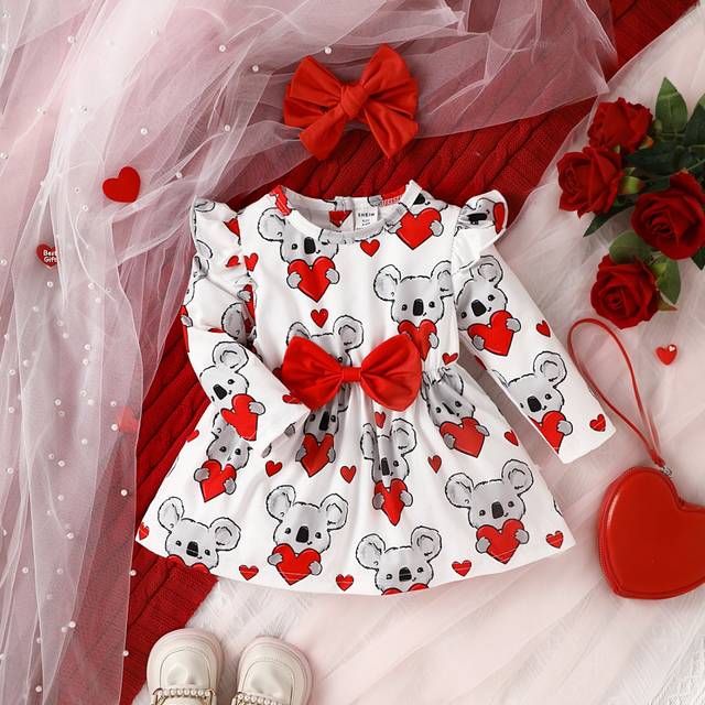 SHEIN Baby Girl Heart & Bear Print Ruffle Trim Bow Front Dress & Headband