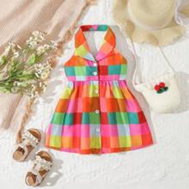 SHEIN Baby Girl Plaid Print Button Front Halter Dress, For Christmas