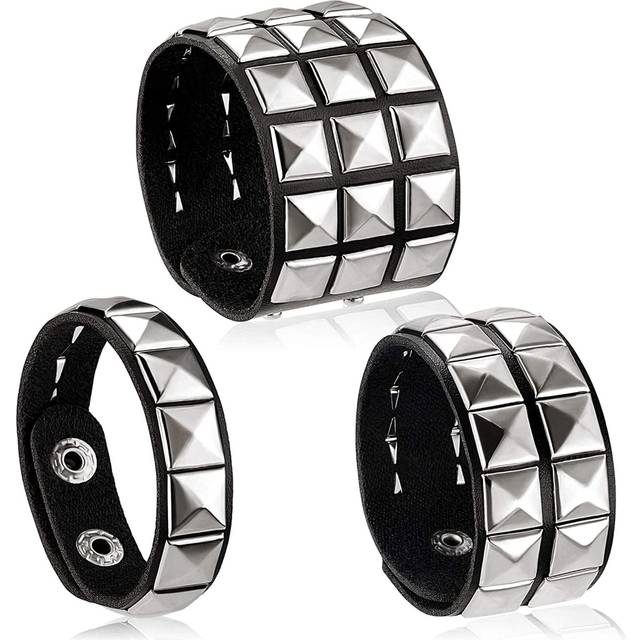 3 delar läder dubbade punk armband för män kvinnor 80-tal dubbade armband Goth Punk Rock armband Spike Nit Manschett Armband Unisex Metall för Hallowe