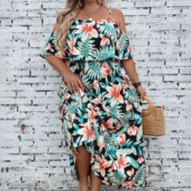 Luneh Plus Tropical Print Cold Shoulder Ruffle Trim  Summer Outfits Dress,Beach Dress Sundress,Holiday Outfits Boho