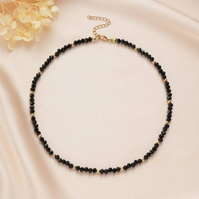 SHEIN 1pc Glass Crystal And Gold Beads Choker Necklace For Women, Black White Simple Dainty Beaded Necklaces For Teen Girls Preppy Jewelry