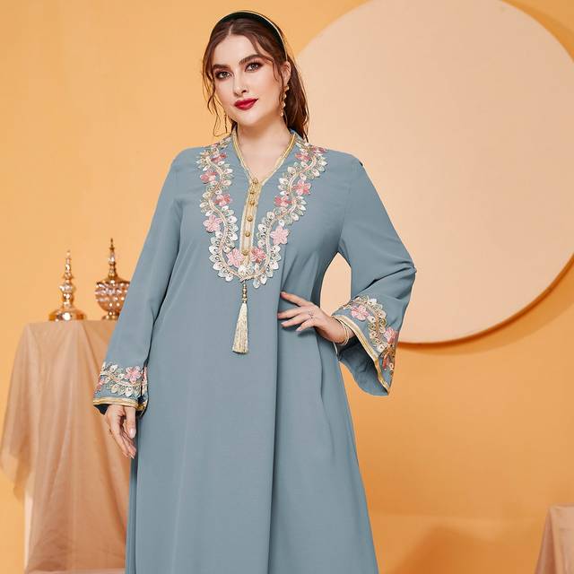 Al Najma Plus Floral Embroidery Tassel Trim Dress Maxi Women Outfit
