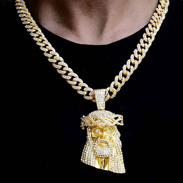 SHEIN Bling Bling Jesus Pendant Necklace With 13MM Miami Decor Chain Iced Out Charm Hip Hop Jewelry Gift for Men Women