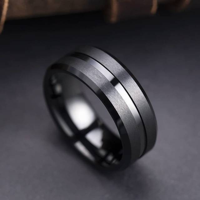 SHEIN 1pc Men&#39;s 8mm Black Stainless Steel Wedding Band Rings Double Black Groove Beveled Edge Stainless Steel Engagement Ring For Men