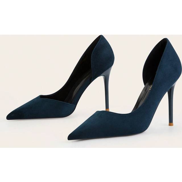 SHEIN Fashionable Simple Stiletto Thin High Heels Low Vamp Pointed Toe Sexy Side Hollow Out Blue Women&#39;s Pumps