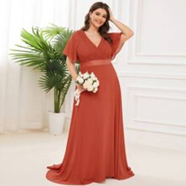EVER-PRETTY Plus Flutter Sleeve Pleated Chiffon Bridesmaid Dress Elegant Dress