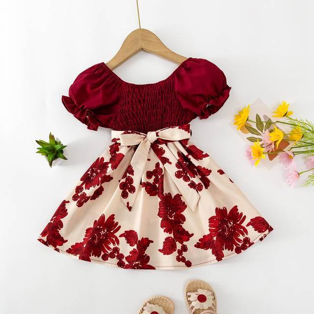 SHEIN Young Girl Floral Print Puff Sleeve Shirred Belted Dress