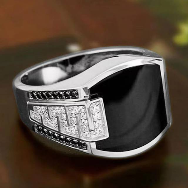 SHEIN European and American Hip Hop Men&#39;s Ring Wide Face Inlaid Black Diamond Men&#39;s Ring Full of Diamonds Ring in the World