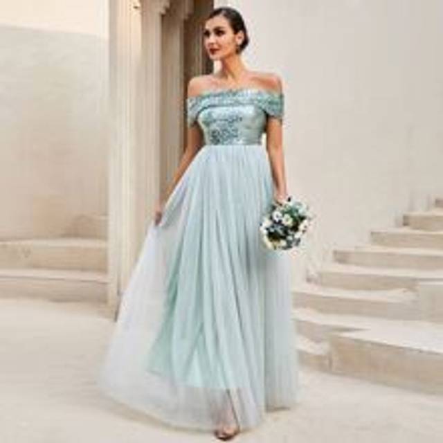 LOVE&LEMONADE Off Shoulder Sequin Insert Contrast Mesh Hem Bridesmaid Dress