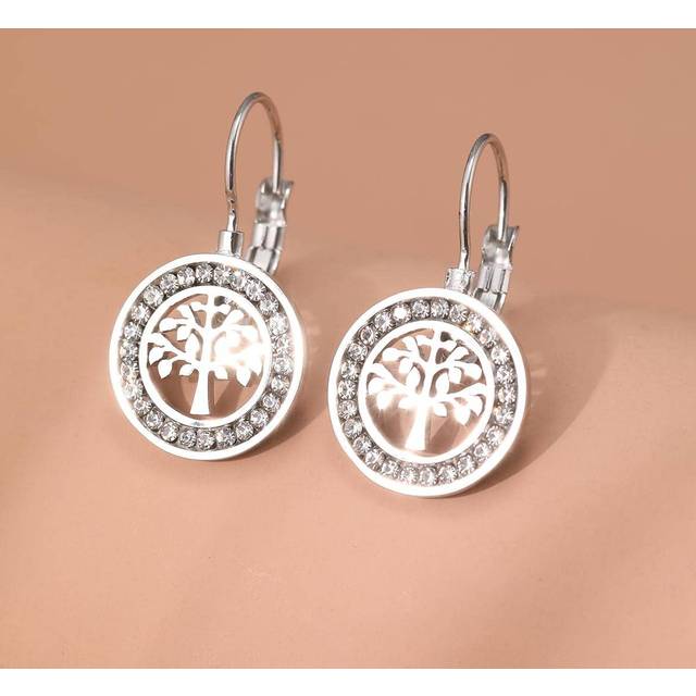 Örhängen i rostfritt stål 2021 Trend Fortune Tree 3A Zirconia Kristall Mode Charmörhängen För Kvinnor Smycken Fest Bästa presenterna - Silver (Längd 2cm Bredd 1,5cm)