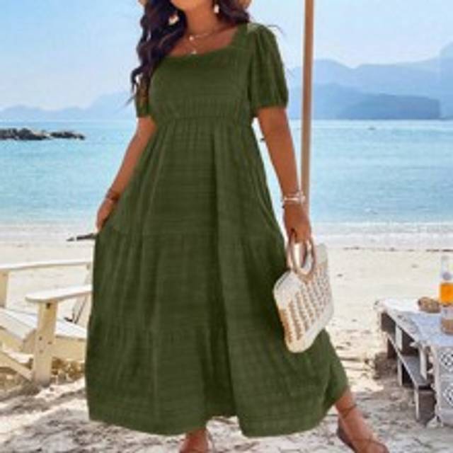 SHEIN Plus Square Neck Puff Sleeve Ruffle Hem Dress Women Outfit