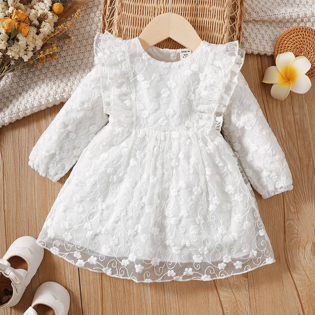 Bebis Flicka Blommiga Broderier Kant med Volanger Nät Klänningar - Vitt (6-9M,9-12M,12-18M,18-24M,2-3Y,3-6M)