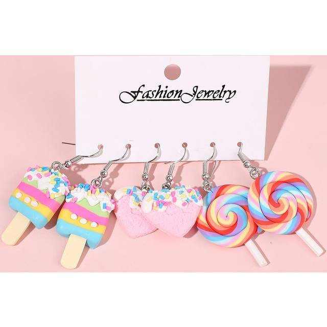 SHEIN 3pairs/Set Cartoon Heart Shaped Lollipop & Ice Cream Dangle Earrings For Teenage Girls Valentines,Mom,Mother,Mother&#39;s Day,Gift