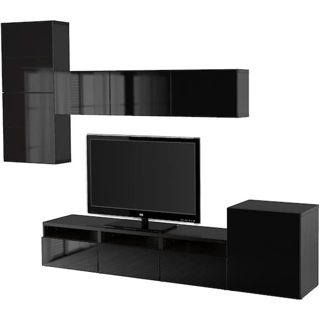 BESTÅ tv-förvaring kombination/glasdörrar, svartbrun/Selsviken högglans/svart rökfärgat glas, 300x42x211 cm