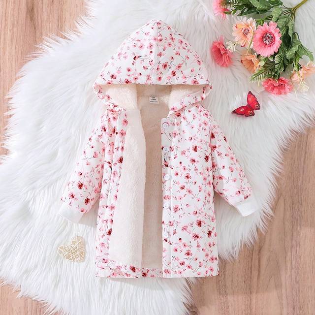 SHEIN Baby Girl Floral Print Fuzzy Lined Hooded Coat