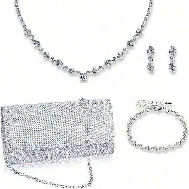 SHEIN Exquisite,Quiet Luxury Glitter Bling,Shiny Glamorous,Elegant Women&#39;s Fashion Rhinestone Necklace, Bracelet, Earrings Set With Evening Clutch Purse, Ch