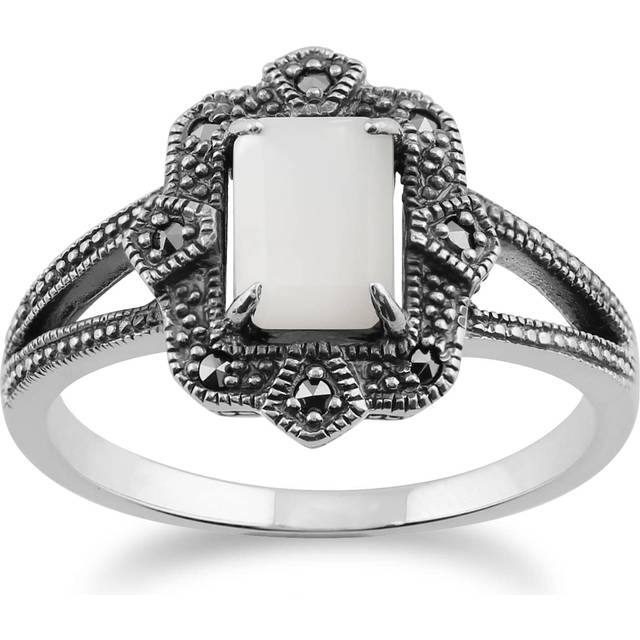 Art Deco Style Baguette Mother of Pearl & Marcasite Ring in 925 Sterling Silver