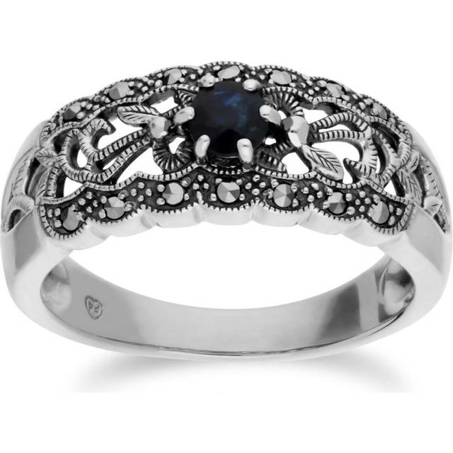 Art Nouveau Style Round Sapphire & Marcasite Floral Band Ring in Sterling Silver