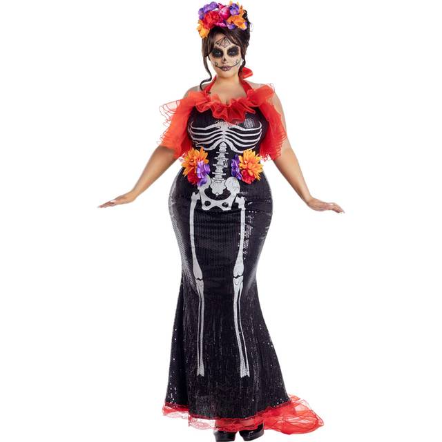Plus Size Glamour Muerta Day of the Dead Women's Costume - Black&#47;Purple&#47;Red (5X)