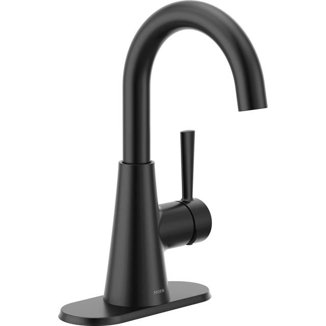 Moen Ronan Matte Black One-Handle Single Hole Modern Bathroom Sink Faucet with Optional Deckplate and Spring Loaded Drain Assembly  84021BL