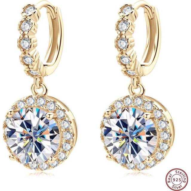 XUJIA 1Pair Yellow Gold Halo Moissanite Hoop Earrings for Women 100% 925 Sterling Silver 6.5mm/8mm/9mm Moissanite D Color VVS1 Round Cut Dangle Drop Earring