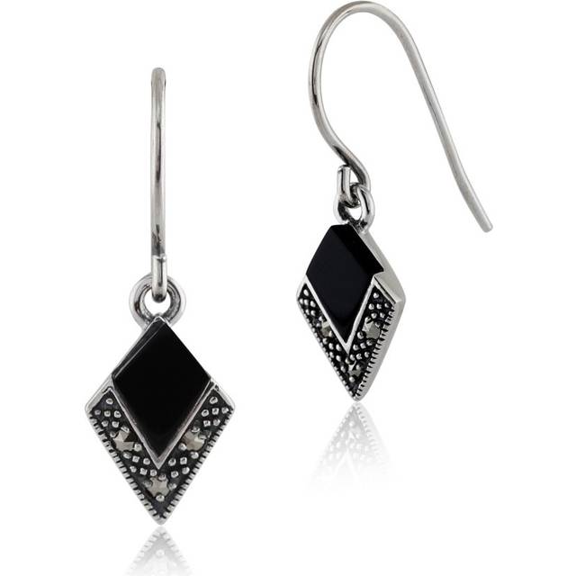 Art Deco Style Black Onyx & Marcasite Drop Earrings in 925 Sterling Silver