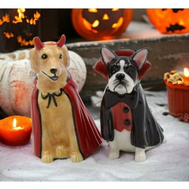 "Fine Porcelain Halloween Vampire & Dracula Dog Salt & Pepper Shakers Set  3-3/8"""""""""""""""" H"
