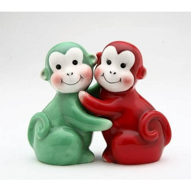 2.13 Inch Red and Green Happy Hugging Monkey Salt and Pepper Shakers