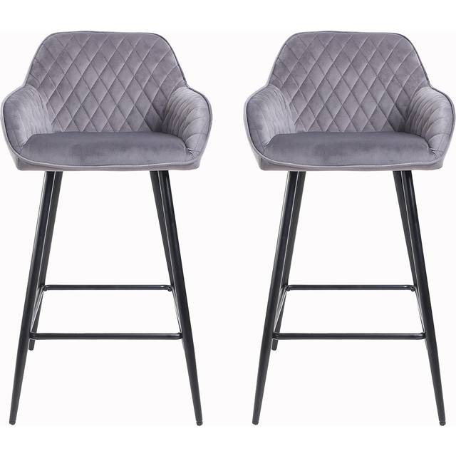 Set of Two Cadiz Crushed Velvet Bar Stools Black Leg - Dark Grey - One Size