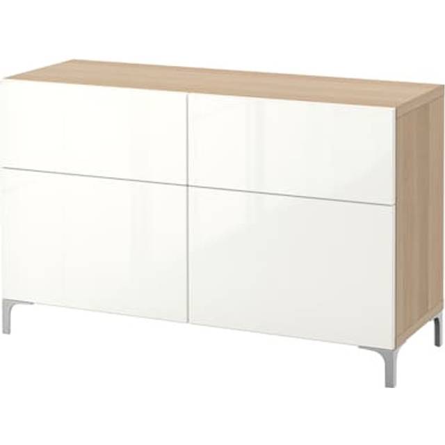 BESTÅ förvaringskombination+dörrar/lådor, vitlaserad ekmönstrad/Selsviken högglans/vit, 120x42x74 cm