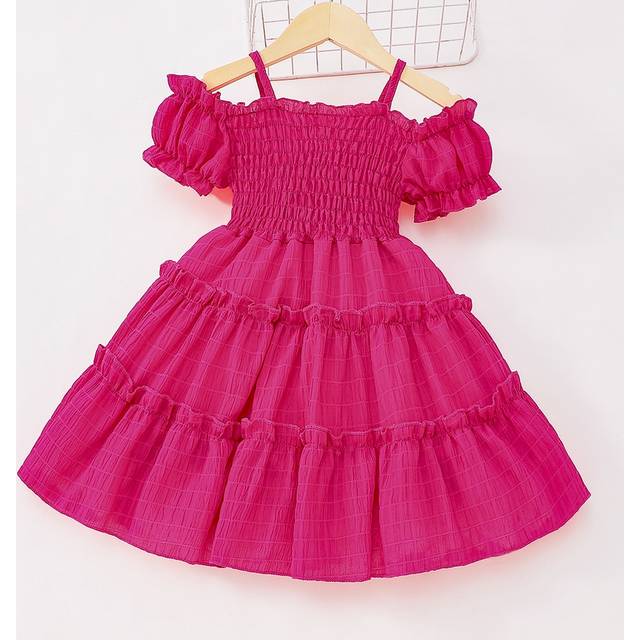 SHEIN Young Girl Chic And Elegant Off-Shoulder Strap Dress With Ruffle Detail, Puff Sleeves, Knit Layered And Patchwork Design, Textured Jacquard Weaving Fa