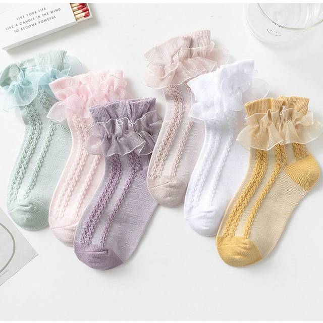 SHEIN 6pairs Kids&#39; Multicolor Princess Dance Sheer Mesh Mid-calf Socks With Lace Edge