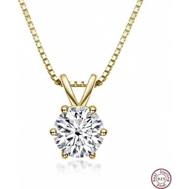 XUJIA 1PC Yellow Gold 1ct Moissanite Pendant Necklace for Women Classic D Color 6.5mm 6-Prong Round Moissanite Necklace 18&#39;&#39; Sterling Silver 925 Engagement