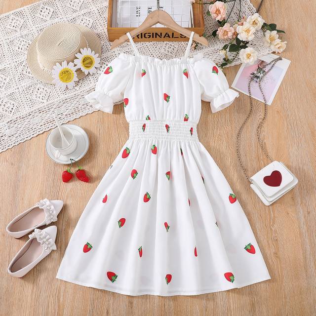 SHEIN Tween Girl Strawberry Print Cold Shoulder Puff Sleeve Dress
