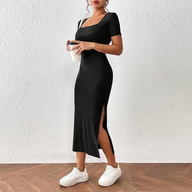 SHEIN Solid Split Thigh Dress,Commute,Old Money,Simple,Summer Dresses For Women,Tea Party Dress