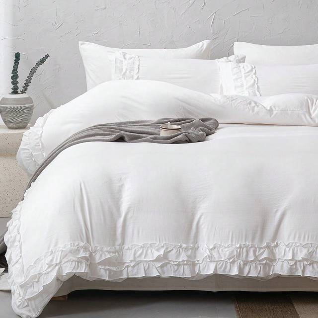 SHEIN White Ruffle Duvet Cover Set Boho Farmhouse Bedding Set 3 Pieces Ruffle Decor White Color Comforter Cover Soft Microfiber Duvet Cover For Boys Girls 1