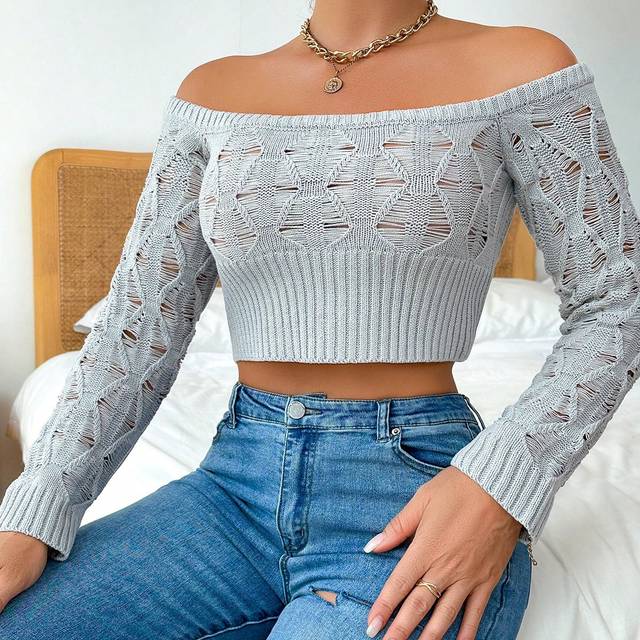 Chiquease Off Shoulder Pointelle Knit Crop Sweater