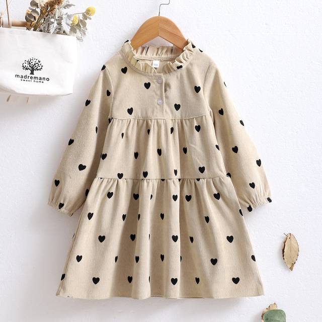 SHEIN Young Girl Frill Neck Heart Print Corduroy Smock Dress