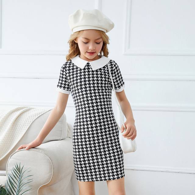 SHEIN Tween Girl Keyhole Back Houndstooth Print Fitted Dress