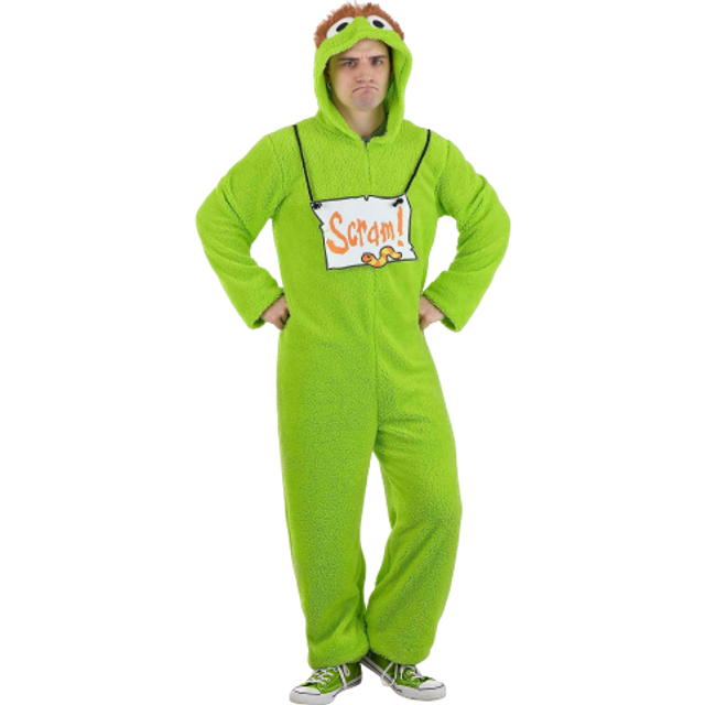 Adult Sesame Street Oscar the Grouch Jumpsuit Costume | Sesame Street Costumes - Green&#47;Orange&#47;White (L)