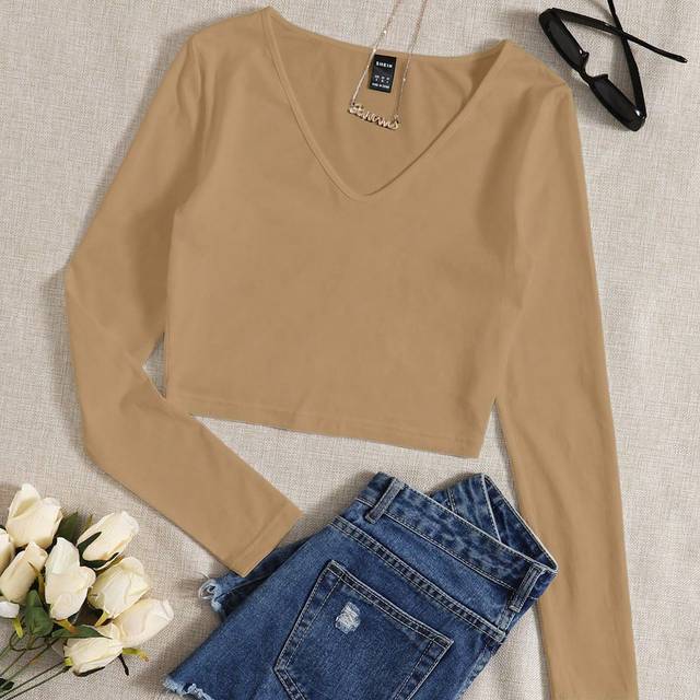 SHEIN Solid V Neck Crop Tee