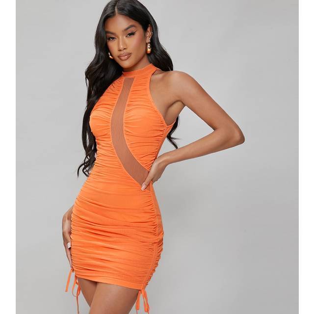 SHEIN Sheer Panel Ruched Drawstring Detail Mesh Overlay Dress