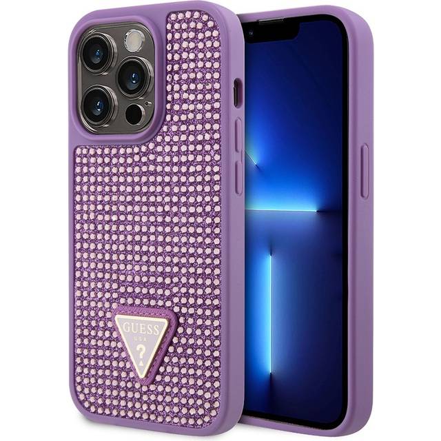 iPhone 15 Pro Guess Rhinestones Triangle Metal Logo Skal - Lila