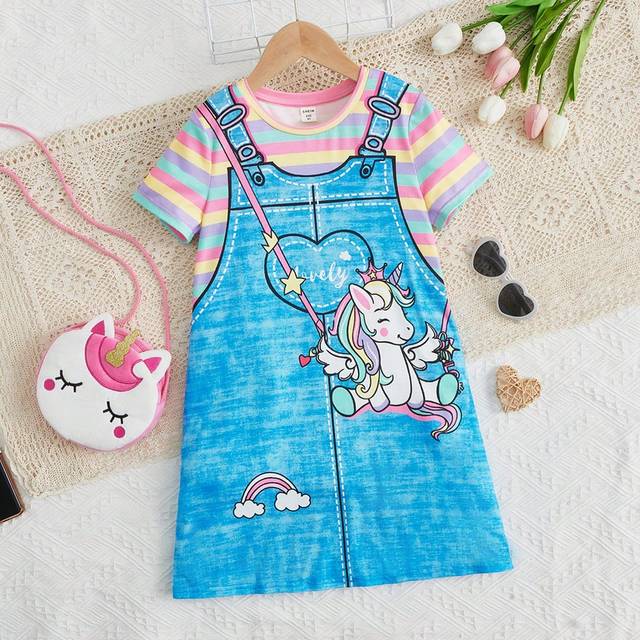 Tween flickor stickad denim effekt färgglada Unicorn Print rund hals monterad Casual klänning - Multifärgad (6Y,7Y,8Y,9Y,10Y,11-12Y,13-14Y)