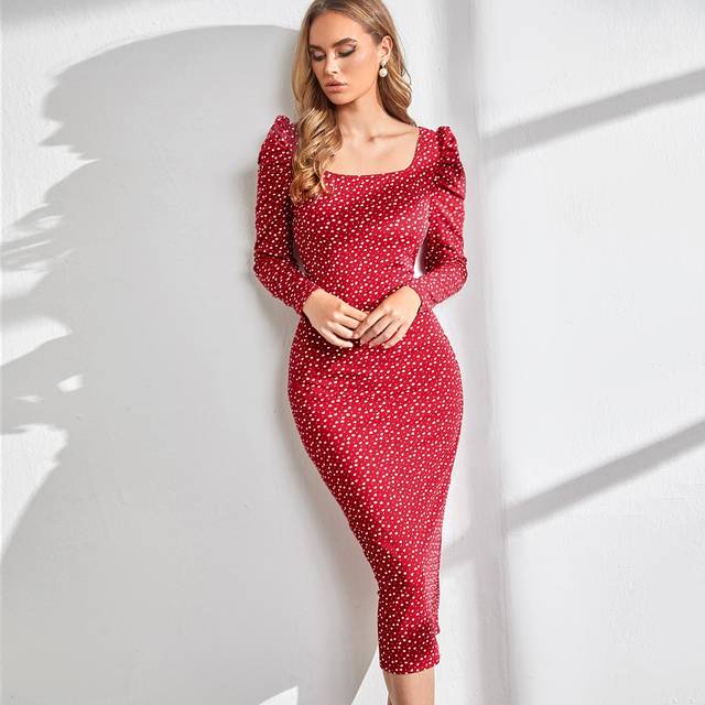 SHEIN Multicolored Confetti & Heart Print Long Sleeve Red Dress With Waistline (Without Belt)